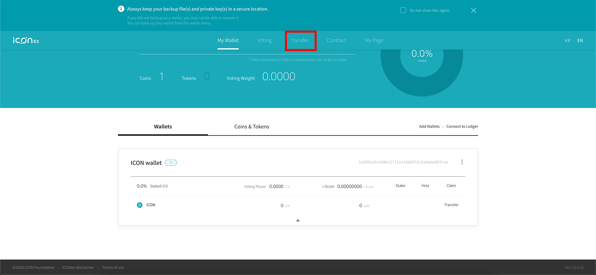 ICONEX icx wallet creazione wallet dashboard transfer