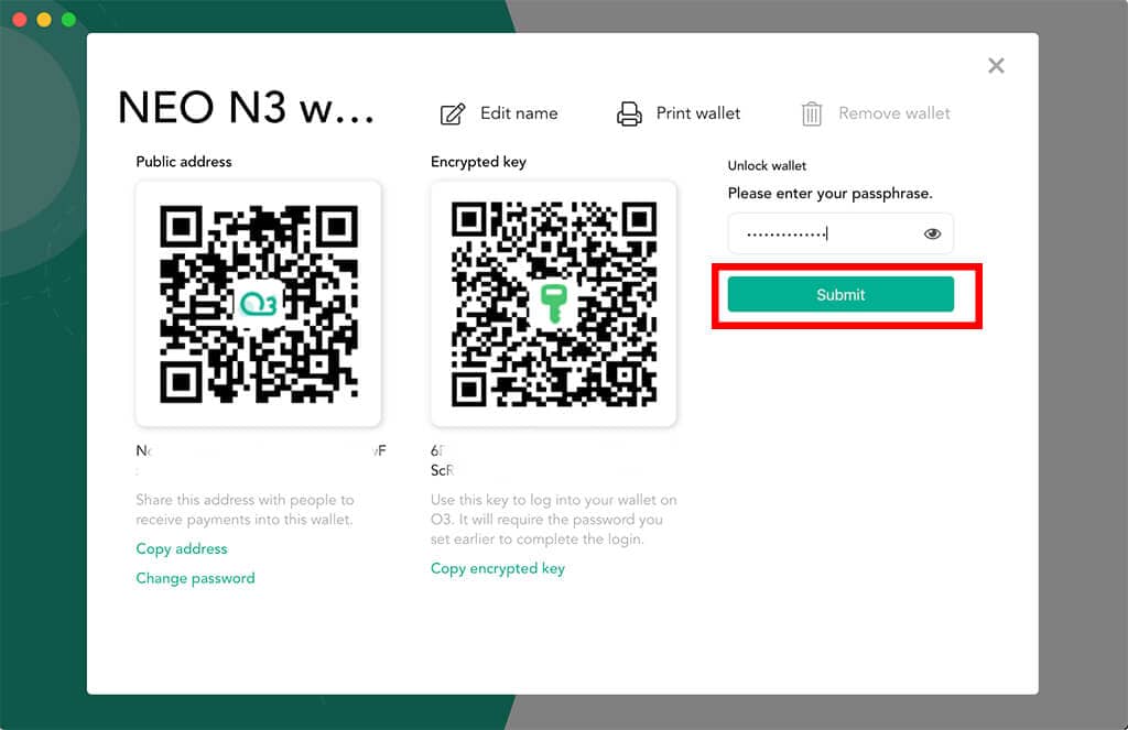O3 creazione nuovo wallet visualizza chiave privata password