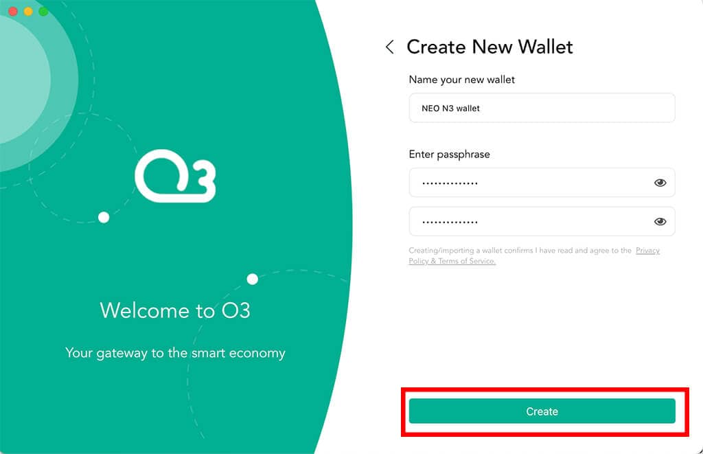 O3 creazione nuovo wallet nome e password